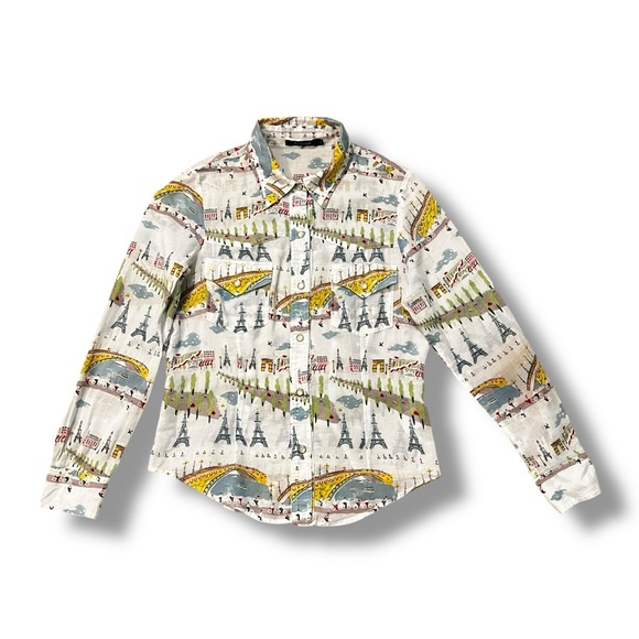 For Joseph Pearl Snap Shirt Paris Landmarks Novelty Print Eiffel Tower Medium - Picture 1 of 9